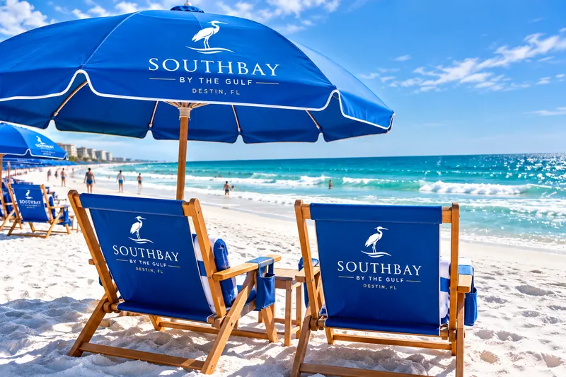 Two blue Southbay beach chairs and an umbrella set up on the sand beside the Gulf