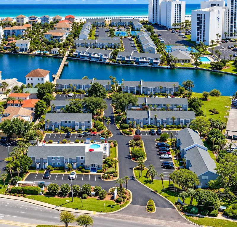 Aerial view of the Southbay townhomes, pools, courts and lake with the Gulf beyond