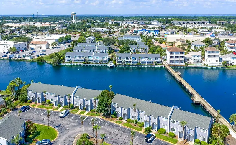 Lakefront townhomes and the lake boardwalk at Southbay