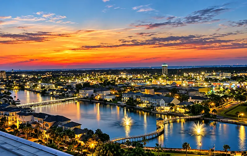 Sunset over the lake with fountains and lights glowing around Southbay